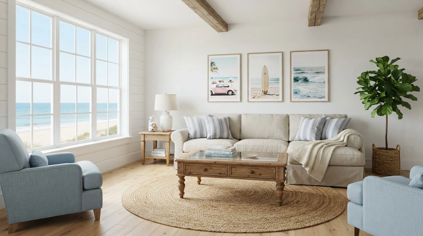 A Comfortable, Light Beige Slipcovered L-shaped Sofa is Arranged With Several Throw Pillows