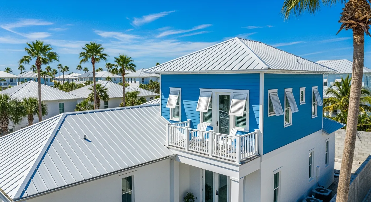 Two-story Modern Coastal Home Features a Clean White Standing Seam Metal Roof and Vibrant Blue Horizontal Lap Siding