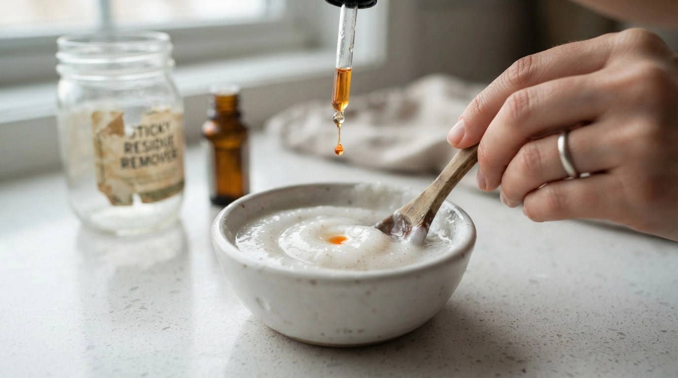 A Skilled Hand Gently Mixing a Creamy White, Speckled Paste of Coconut Oil and Baking Soda in a Small, Clean Ceramic Bowl