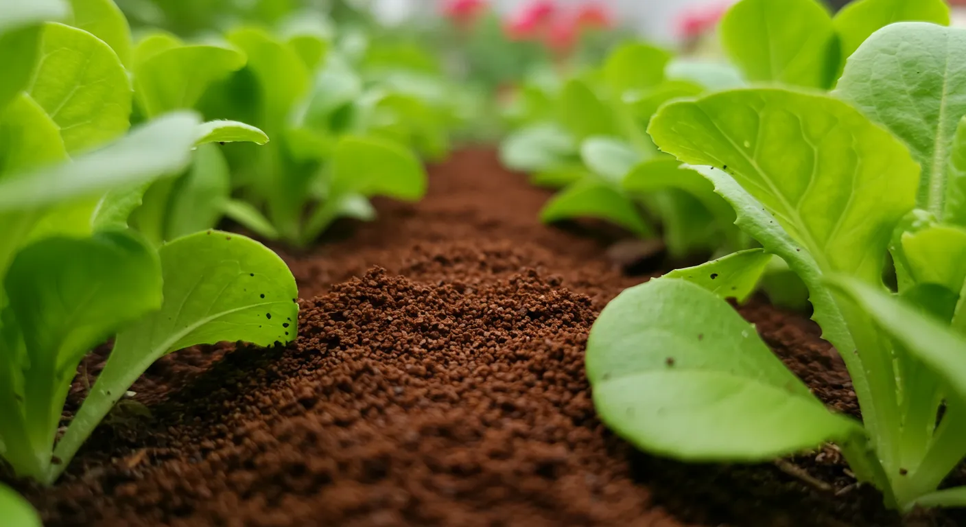 Coffee Grounds Sprinkled Around Vibrant Green Lettuce Plants Coffee Grounds Sprinkled Around Vibrant Green Lettuce Plants