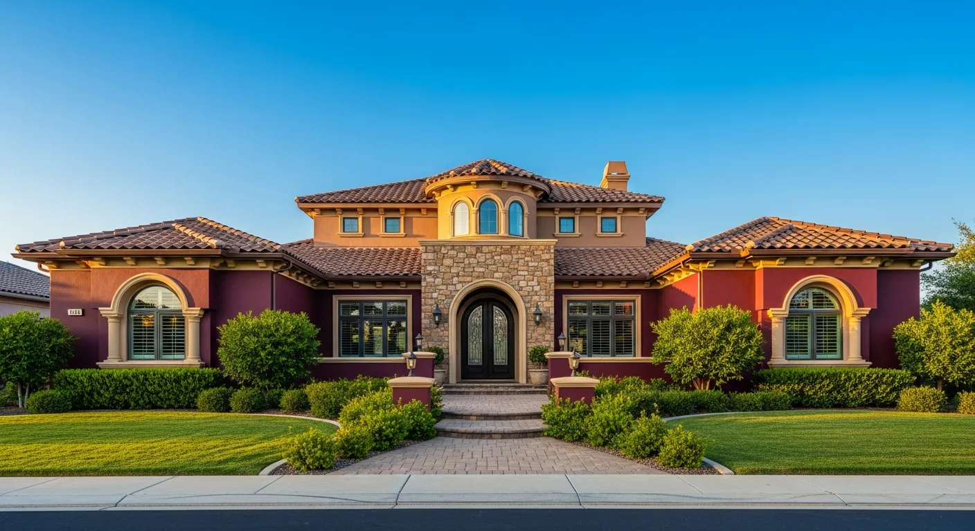 Combine Burgundy and Tan with brown roof
