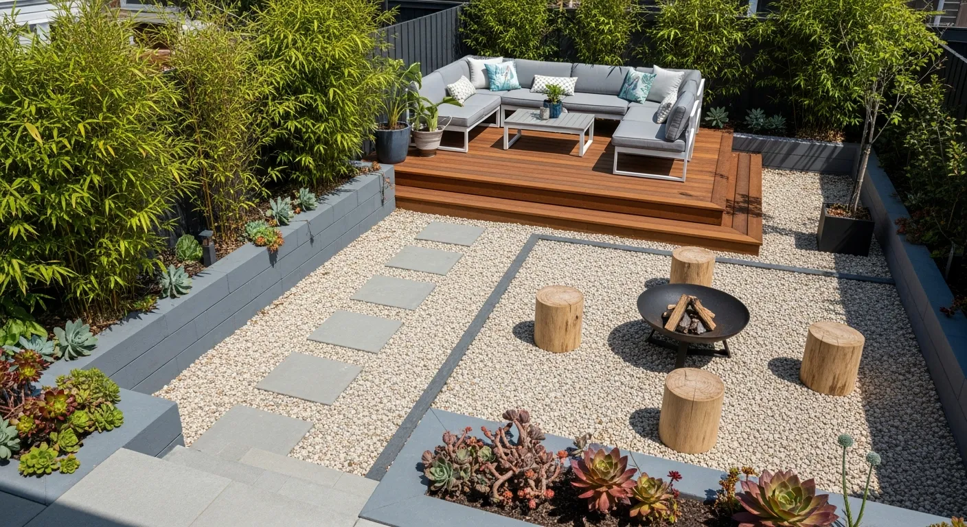 A Raised Wooden Deck With a Grey L-shaped Sofa and Throw Pillows Overlooks a Gravel Area