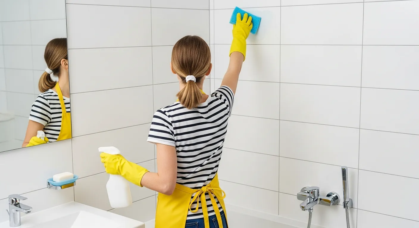 A Light Blue Cleaning Sponge or Brush, Diligently Scrubbing the White Rectangular Ceramic Tiles on the Wall
