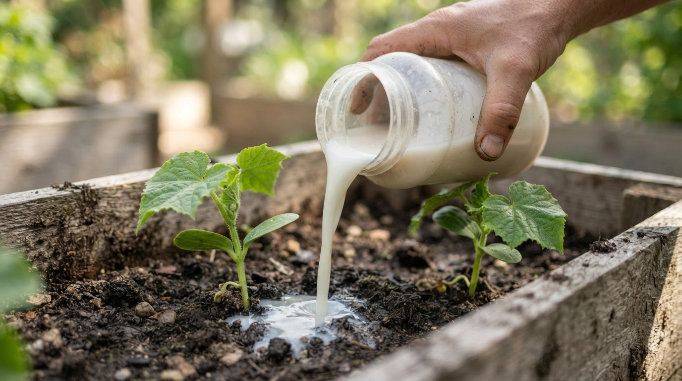 A Gardener's Hand Gently Pouring a Thick, Opaque White Liquid From a Transparent, Wide-mouthed Plastic Jar