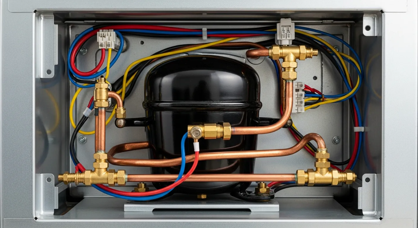 A Black Cylindrical Compressor, Intricate Copper Tubing With Shiny Brass Fittings, and Bright Electrical Wiring
