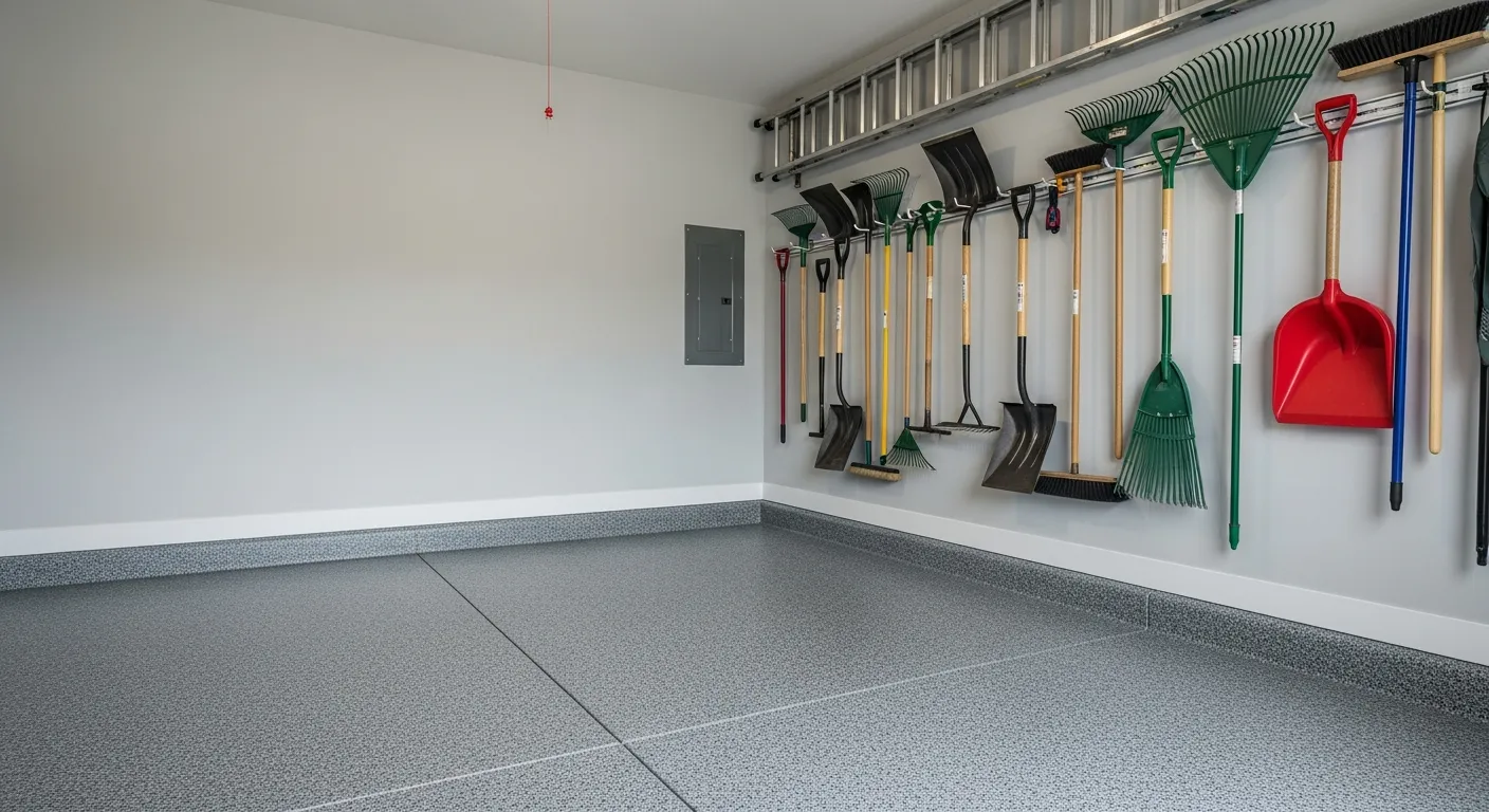 The Floor is Covered in a Dark Grey and White Speckled Concrete Floor Paint