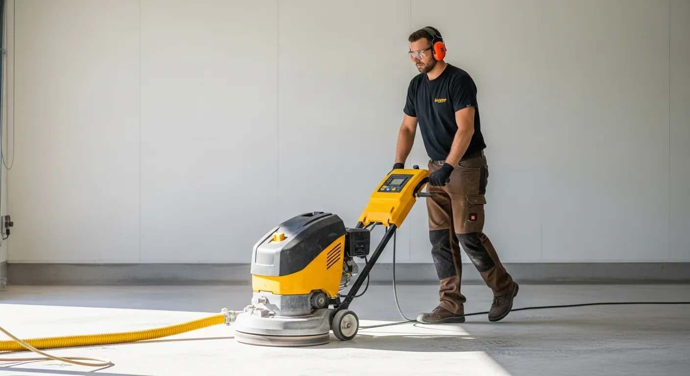 A Worker Operating a Vibrant Yellow and Black Industrial Concrete Floor Grinder