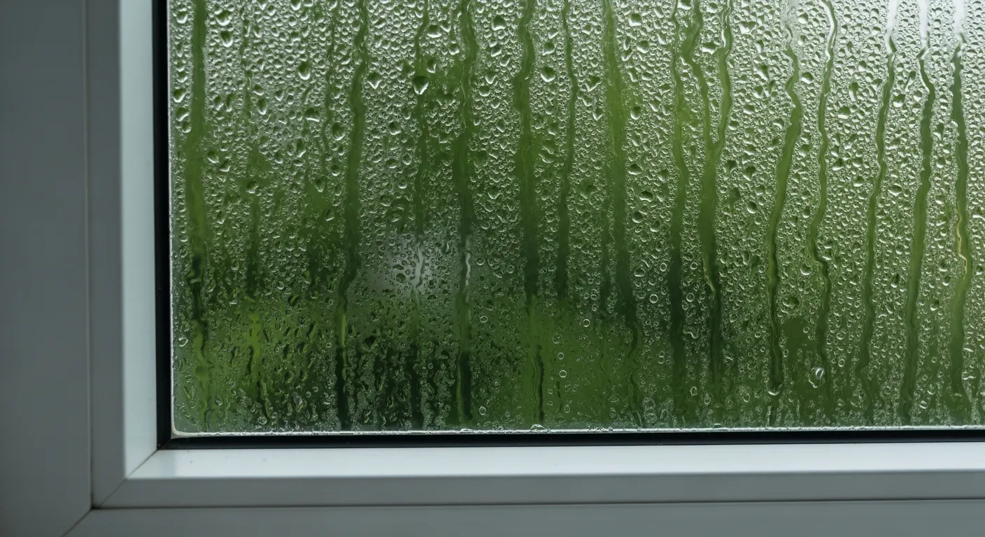 A White Window Frame With Heavy Condensation and Distinct Water Droplets on the Glass