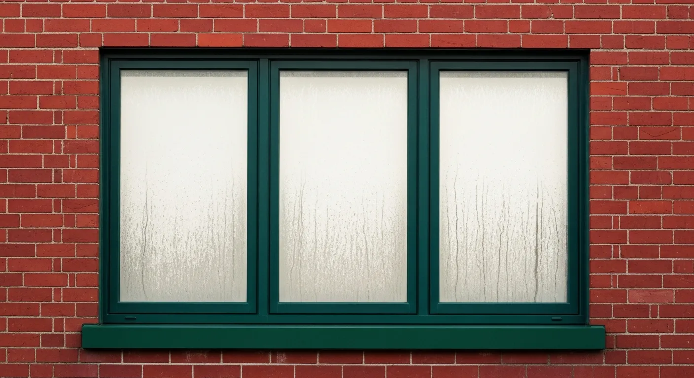 A Three-pane Window With Dark Green Frames and Condensation Glass Panes, Set in a Vibrant Red Brick Wall