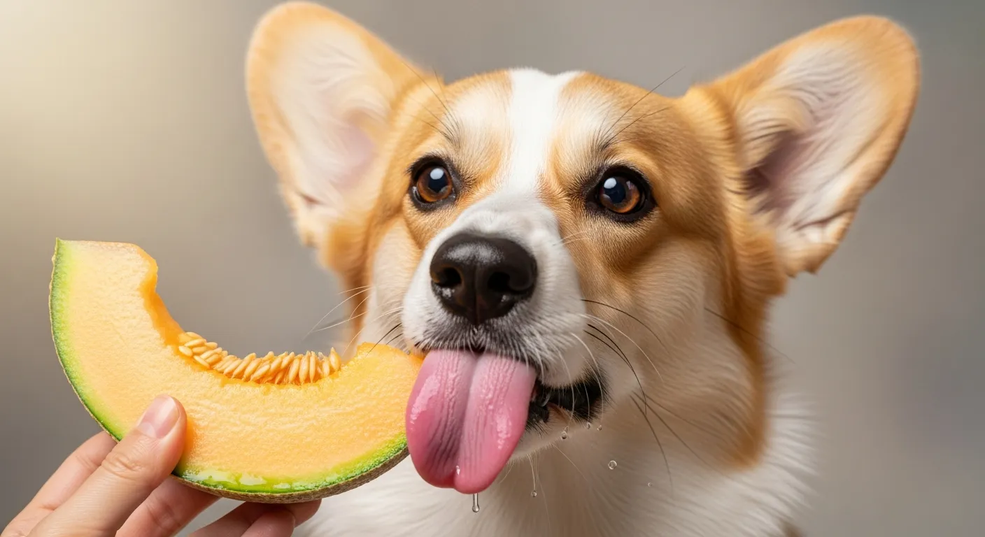 A Dog is Licking a Juicy Slice of Cantaloupe