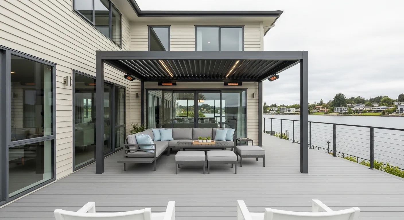 Dark Charcoal Grey Louvered Pergola With Integrated Strip Lighting and Wall-mounted Heaters