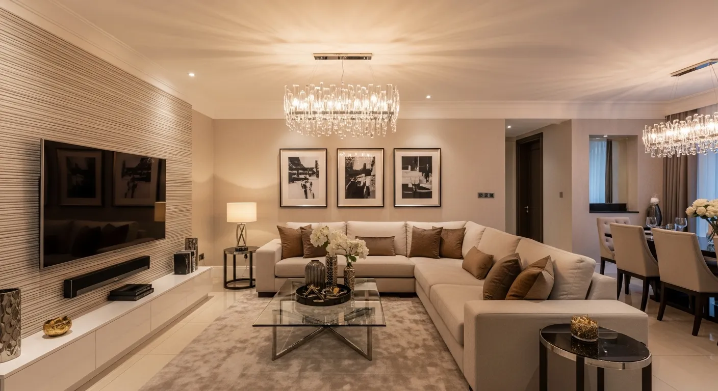 A Light Beige L-shaped Sectional Sofa With Earthy-toned Pillows Faces a Large Flat-screen TV on a Horizontally Textured Wall