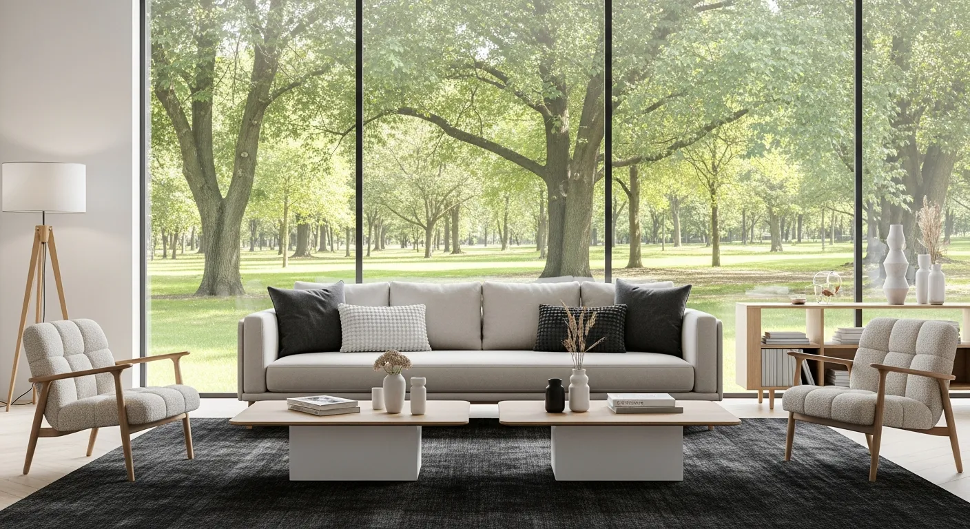 Light Beige Sofa With Dark Gray and Textured White Cushions is Centrally Placed, Flanked by Two Light Wood and Boucl&eacute; Fabric Armchairs
