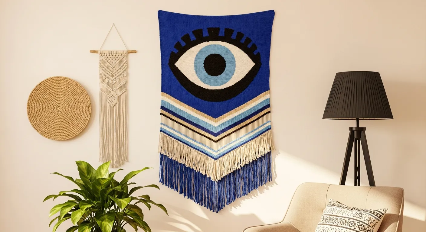 An Off-white Wall Features a Large, Rectangular Evil Eye Tapestry