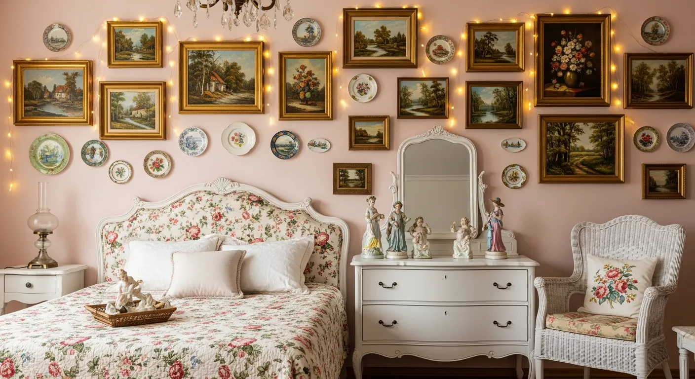 A Floral Upholstered Bed, a White Vintage Dresser Displaying Antique Figurines and a Glass Lamp, and a Wicker Armchair