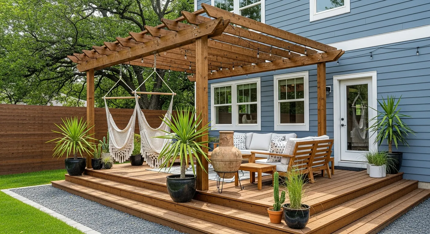 A Beautiful, Multi-level Wooden Deck and Rustic Wooden Pergola