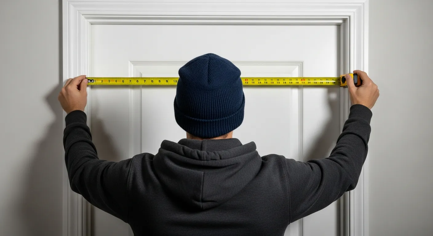 A Person, Holding a Yellow Tape Measure Horizontally to Measure the Width of a Tall White Interior Door Frame