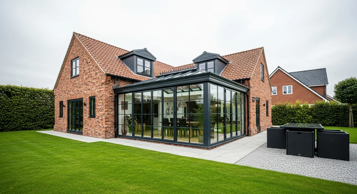 A Modern Red-brick House Featuring a Dark-framed Glass Conservatory Extension, Set Against a Vibrant Green Lawn