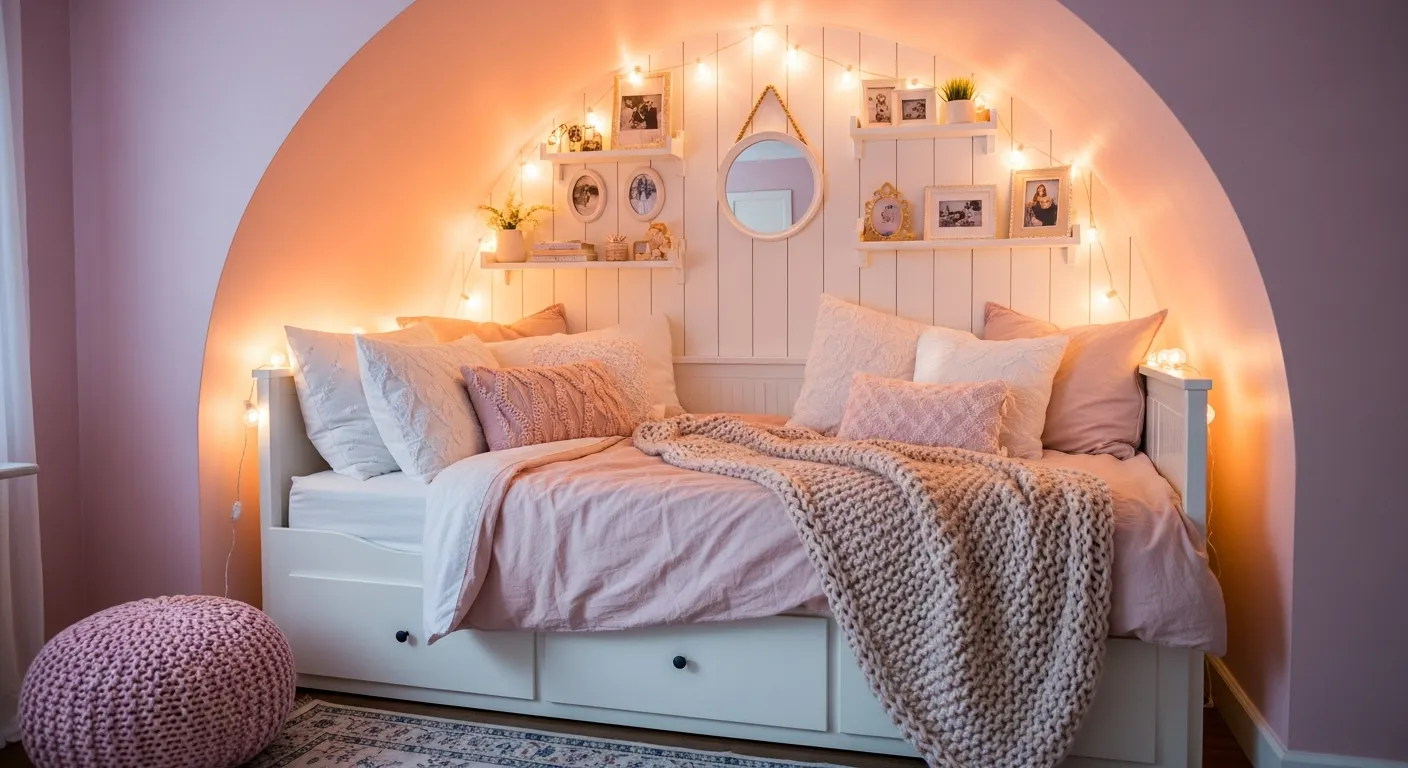 The Built-in White Bed Features Soft Pink and White Bedding, Numerous Pillows, and a Chunky Knit Blanket
