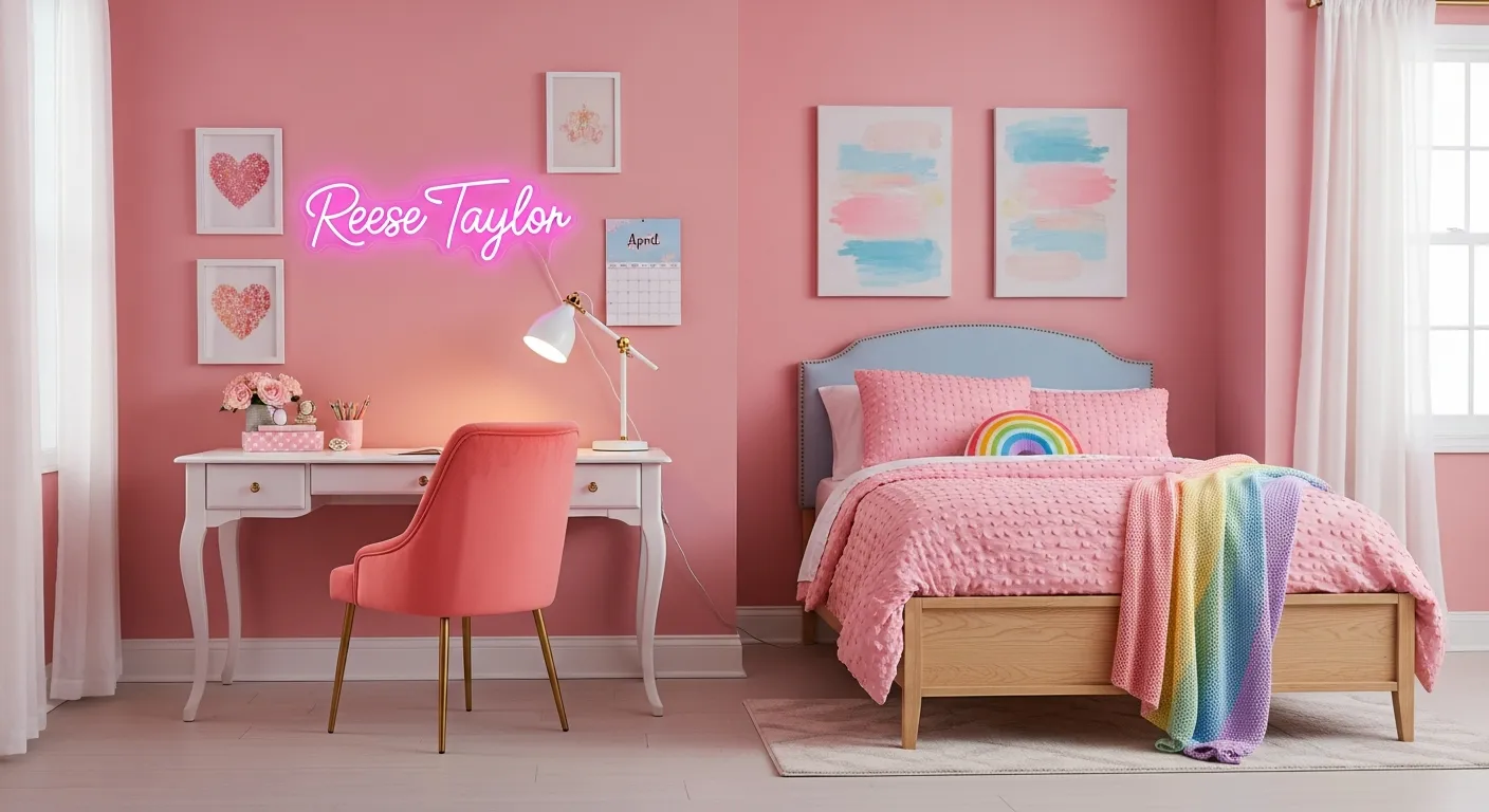 A White Desk With Elegant Gold Accents and a Vivid Coral Pink Upholstered Chair