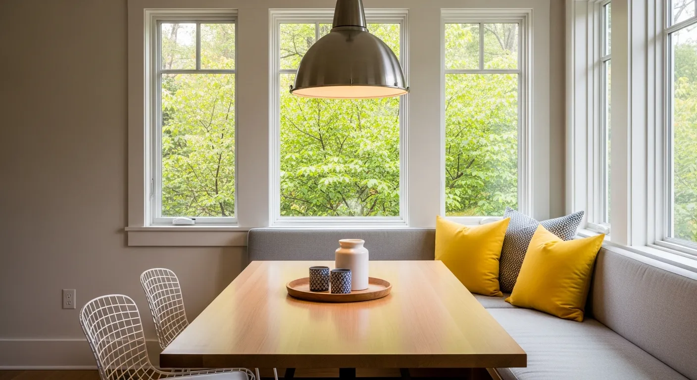 An L-shaped Built-in Bench With Light Gray Cushions and Vibrant Yellow Throw Pillows