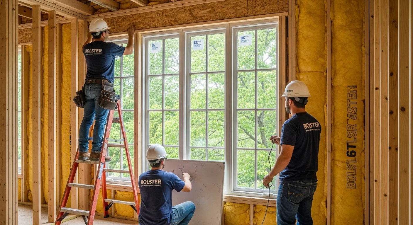 Three Construction Workers Are Actively Building an Interior Room, Framed With Wood Studs and Yellow Insulation