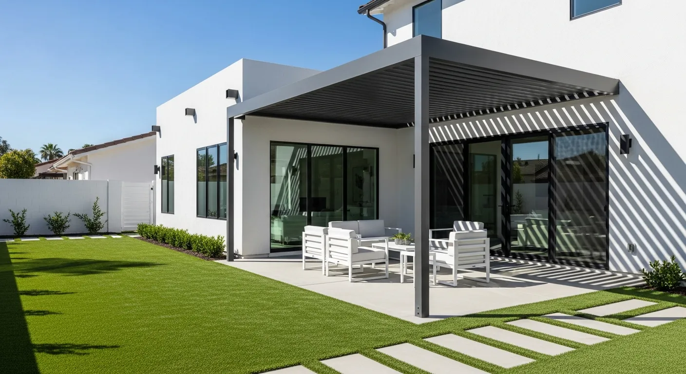 A White Stucco House With Large Black-framed Sliding Glass Doors, a Dark Grey Slatted Pergola