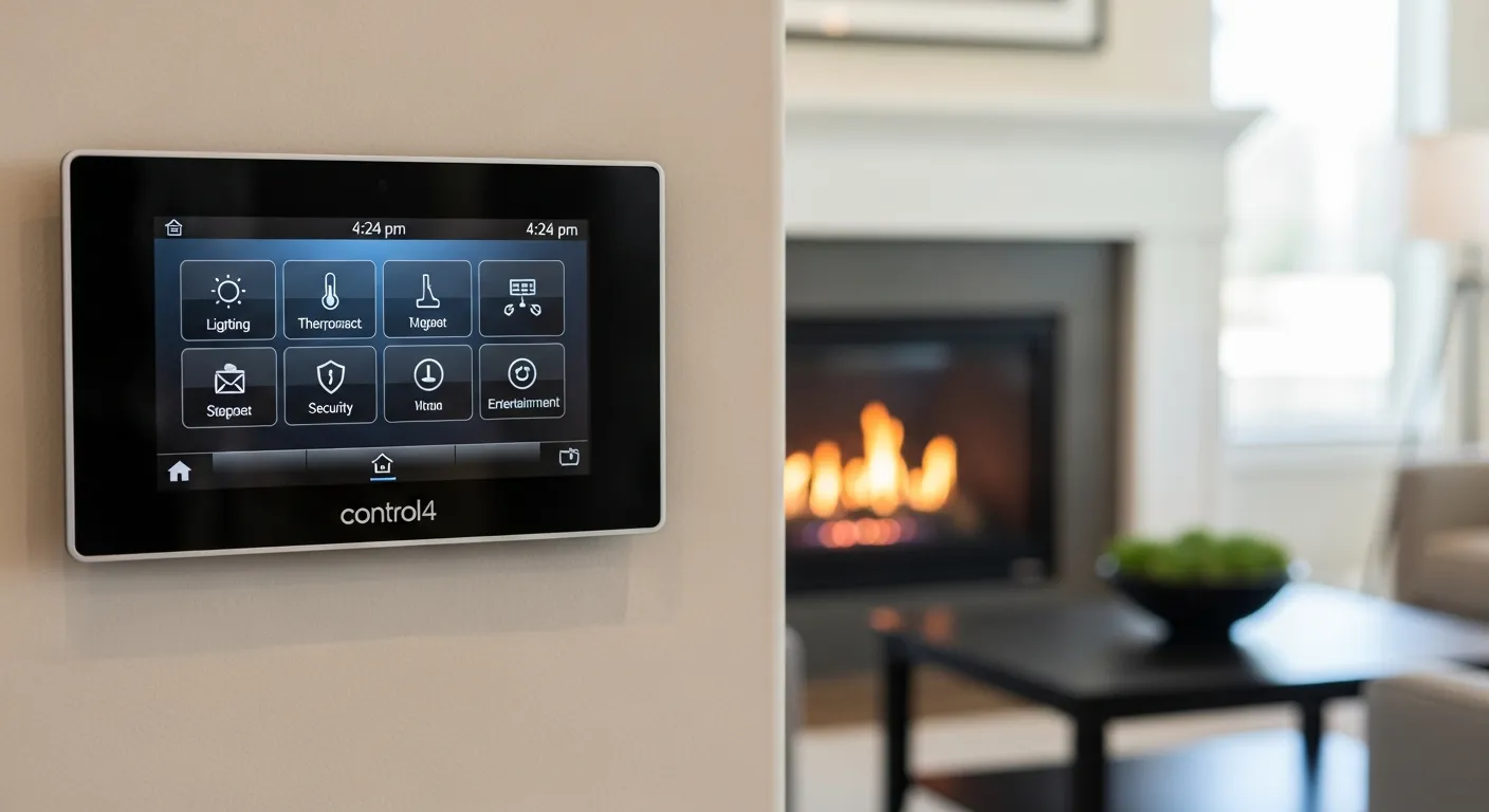 A Sleek Black Control4 Smart Home Panel Mounted on a Light Beige Wall, Displaying Various Function Icons