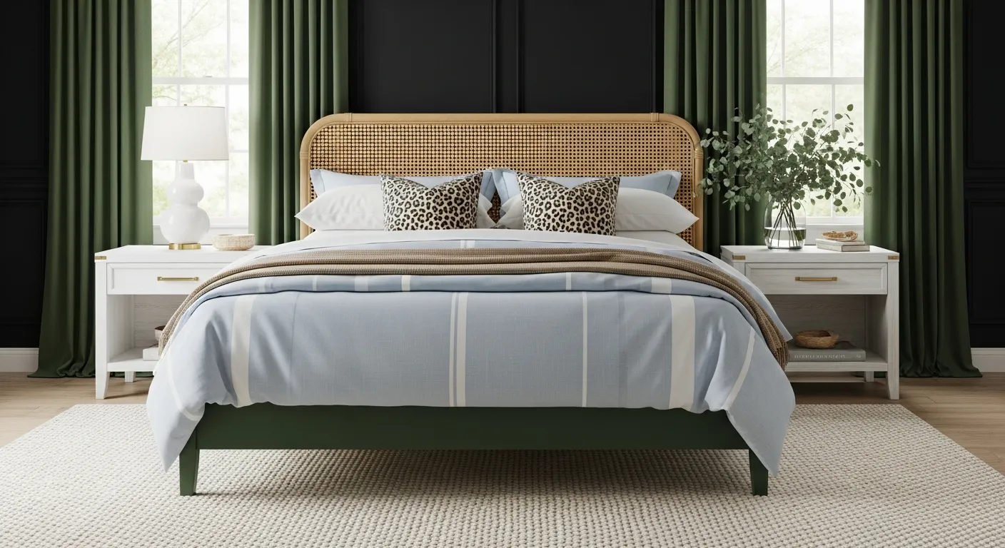 A Light Blue and White Striped Duvet, Crisp White Sheets, and and Leopard-print&nbsp; Throw Pillows