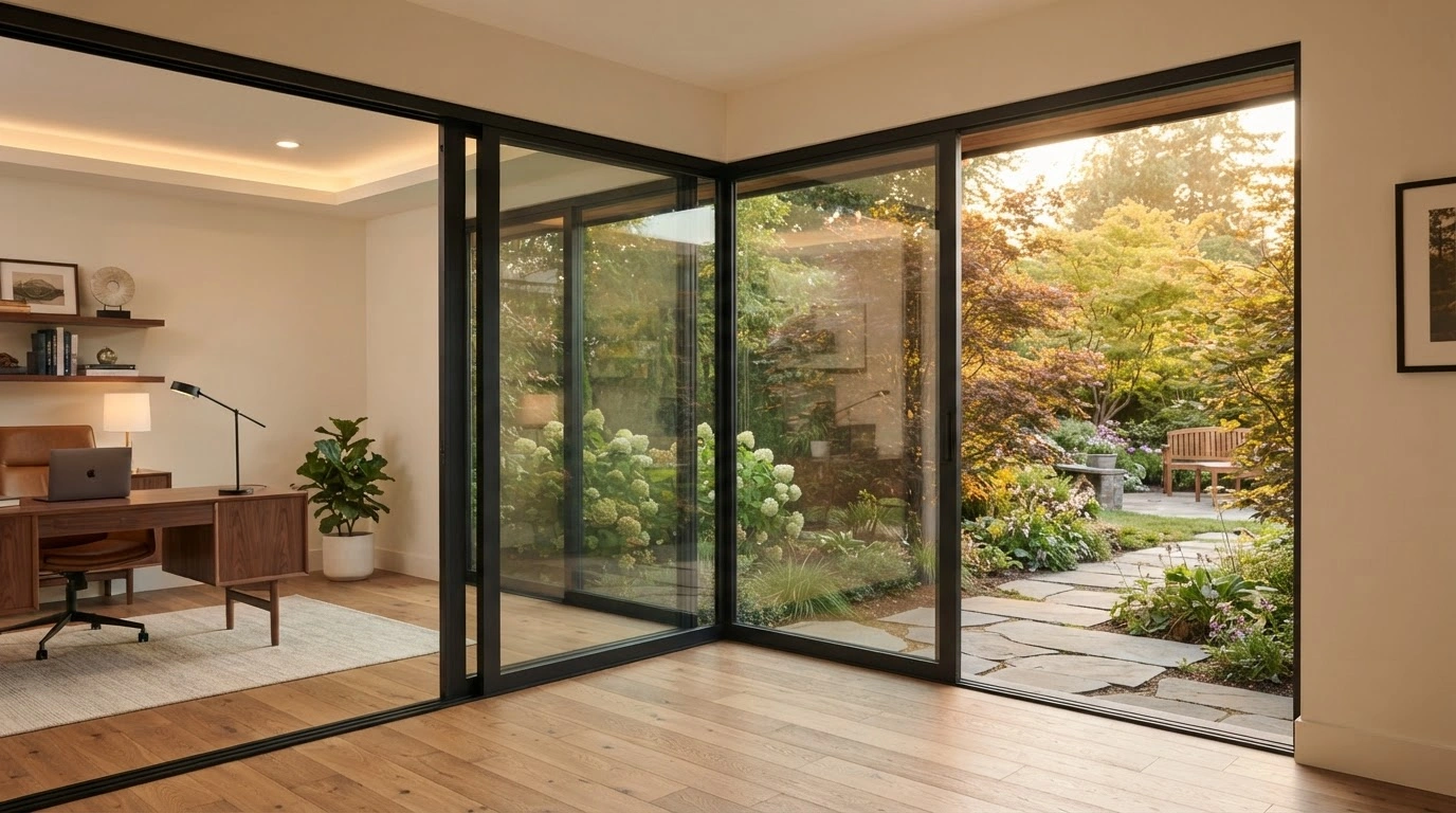 An L-shaped Corner Pocket Door, Featuring a Minimalist, Matte Black Aluminum Frame Encasing Two Expansive, Crystal-clear Glass Panels