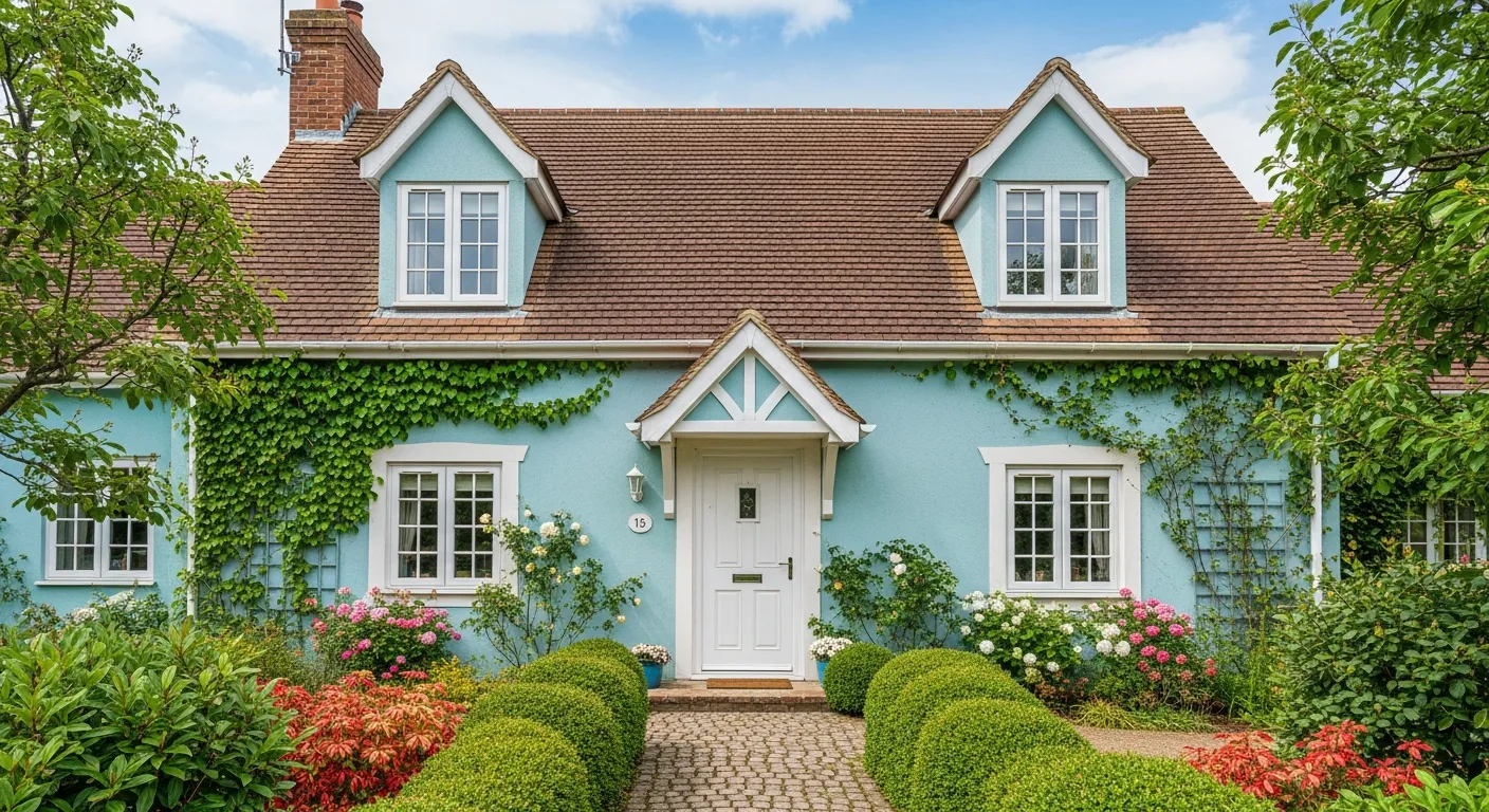 Costal blue home with brown roof