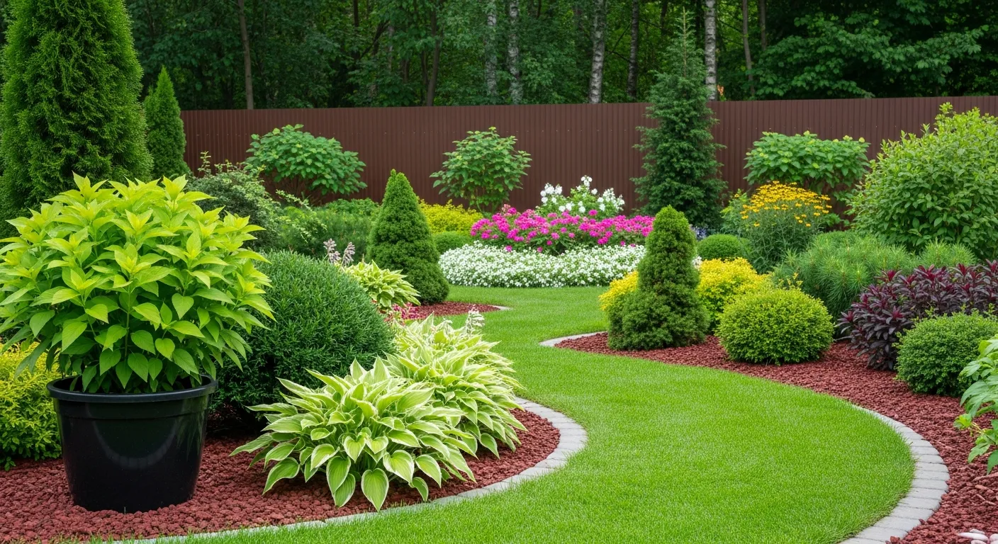 A Winding Emerald Green Lawn Path is Bordered by Dark Red Mulch Beds