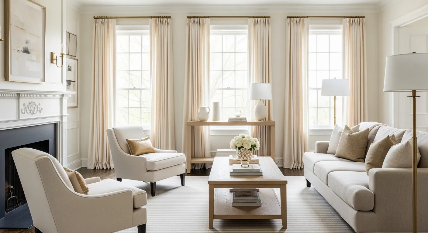 Long, Flowing, Cream Velvet Drapes Suspended From Polished Gold Curtain Rods