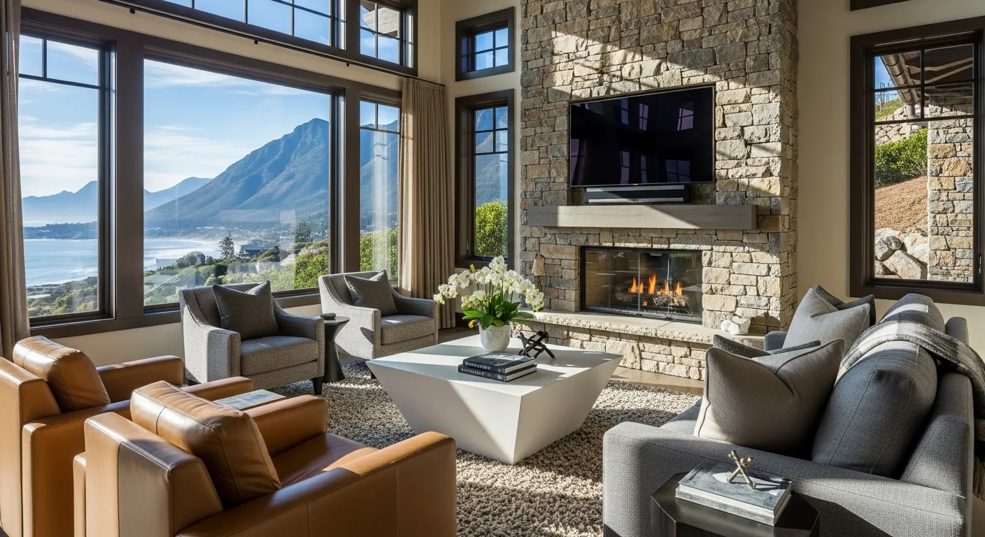 A Large White Geometric Coffee Table, a Gray Sofa, and Two Tan Leather Armchairs