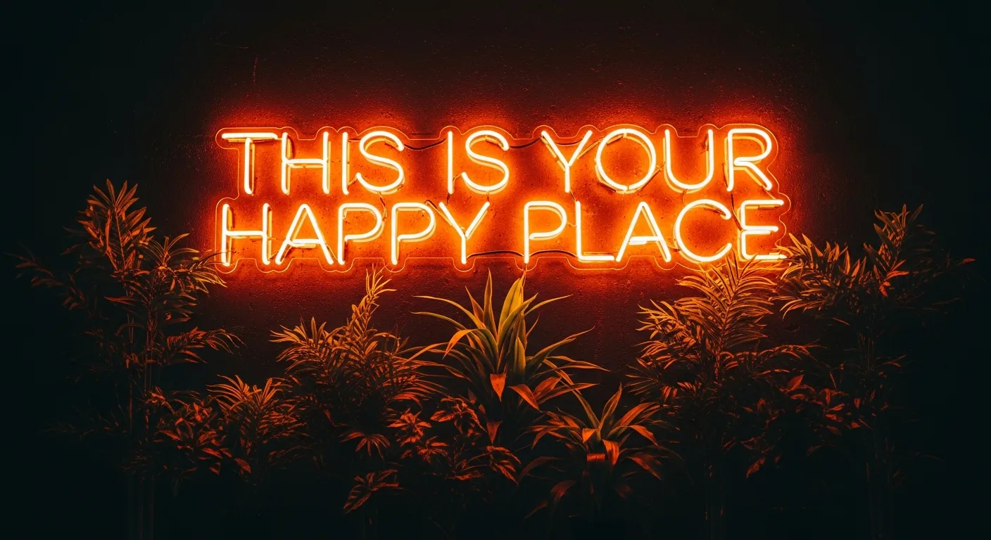 A Bright Orange Neon Sign Glowing With the Text 'this is Your Happy Place' on a Dark, Textured Wall
