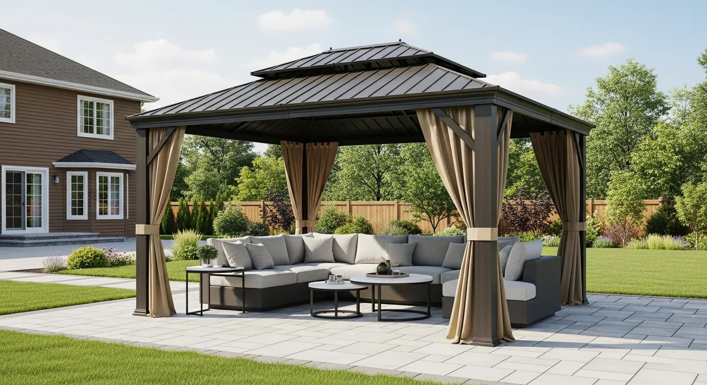 The Gazebo Features a Dark Gray, Tiered, Slatted Hardtop Roof and a Sturdy Dark Brown Metal Frame With a Wood-grain Finish