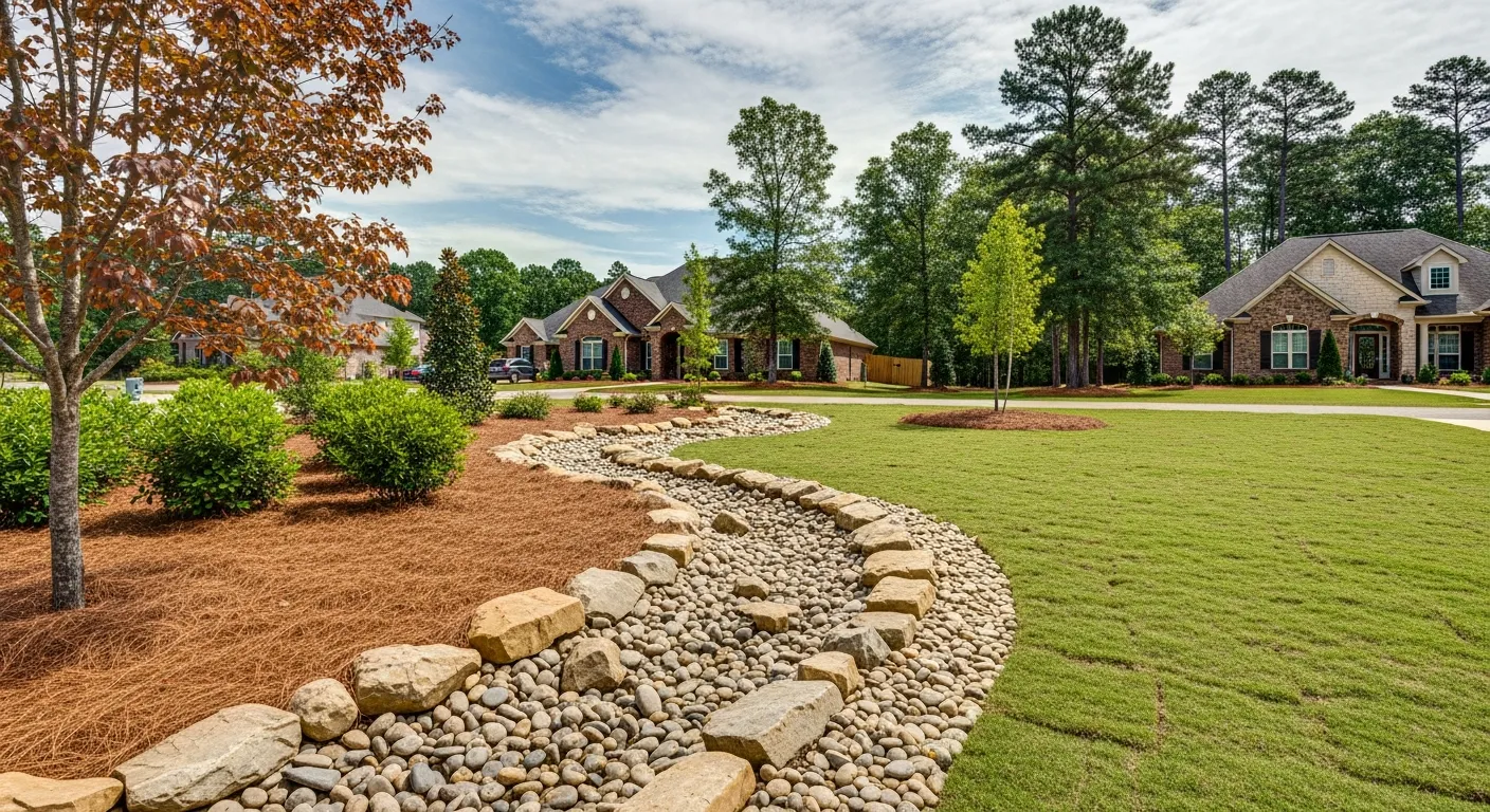 A Winding Dry Creek Bed, Artfully Constructed With Various Tan and Gray River Rocks