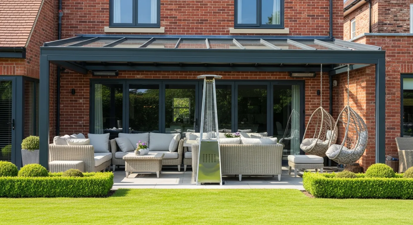 A Outdoor Patio Under a Dark Gray Metal and Glass Pergola, Furnished With Light Wicker Lounge Furniture