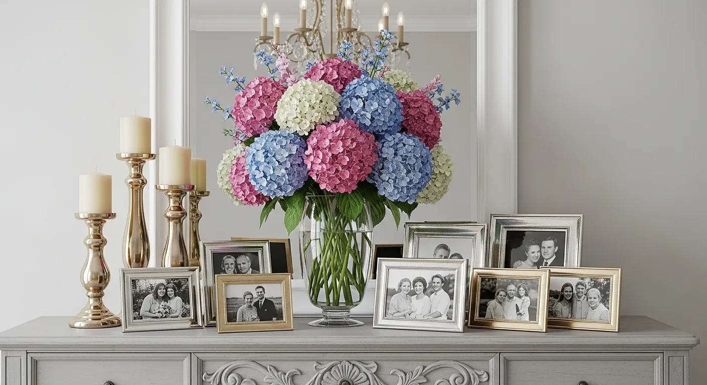 A Curated Collection of Silver and Gold Framed Black and White Family Photos, Display on a Light Grey Credenza