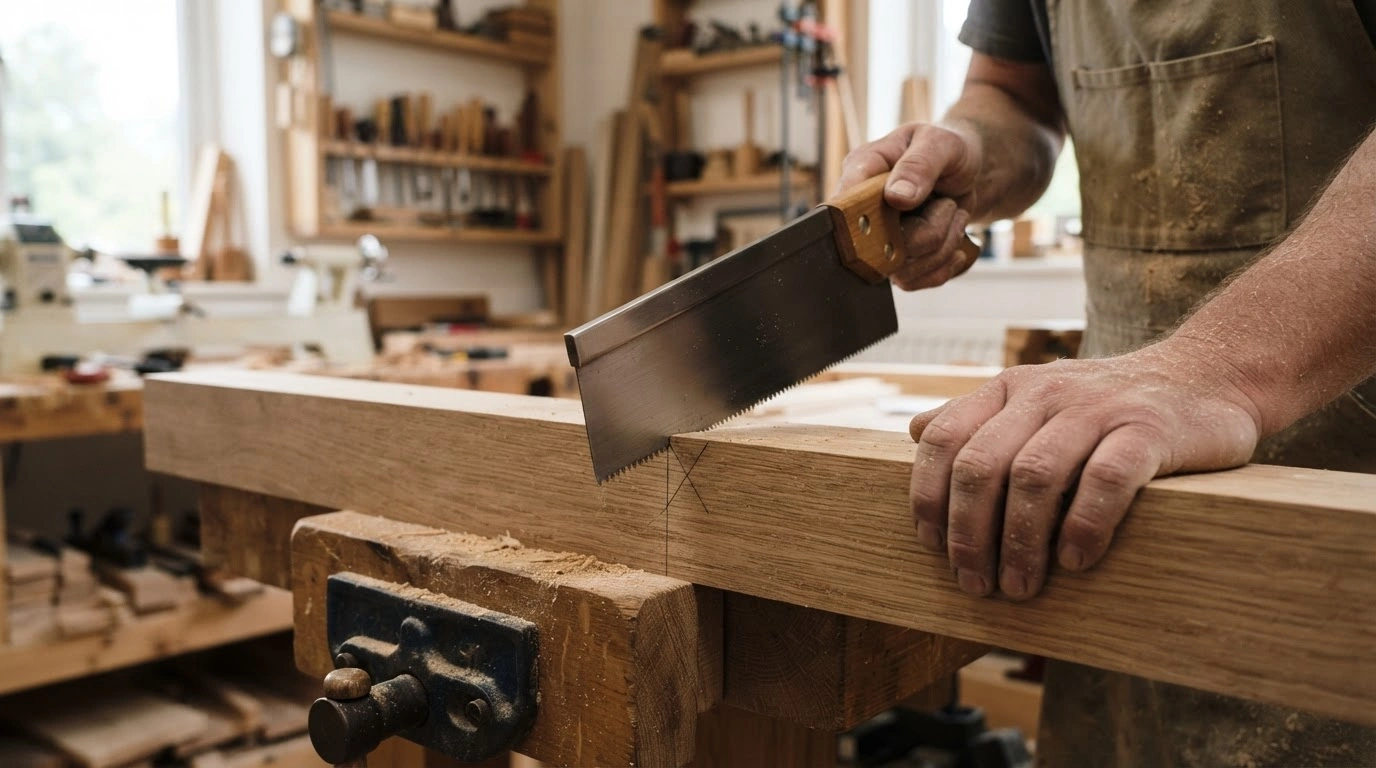 A Skilled Carpenter Meticulously Guiding a Sharp, Gleaming Hand Saw Along a Precisely Marked Pencil LINE on a Robust, Freshly Cut Timber Beam