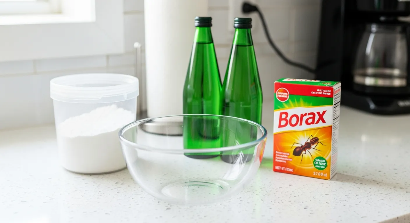 A White Box of Borax With Green and Red Accents, and a Clear Plastic Container of White Sugar Powder