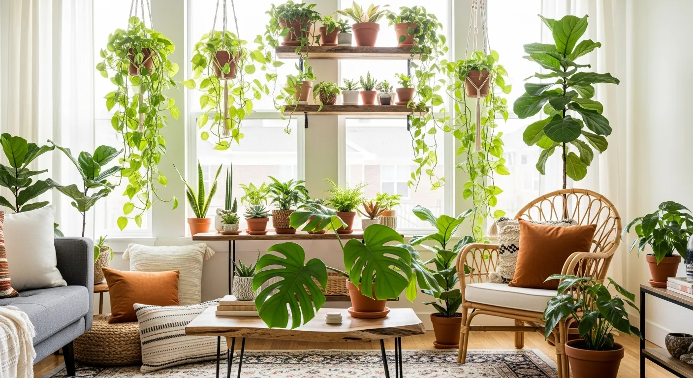 DIY Bohemian-styled Interior Living Room With Lush Green Plants Gracefully Cascade From Macrame Hangers and Trail Down Rustic Wooden Shelves