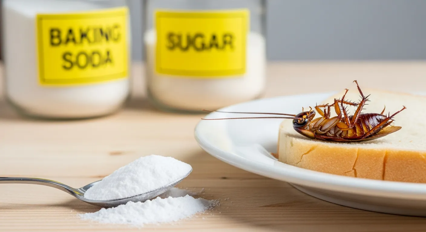 A Dead Brown Cockroach Lying Upside Down on a Slice of White Bread on a White Ceramic Plate