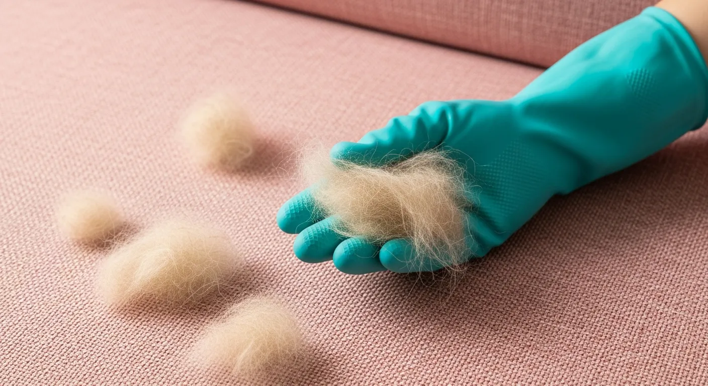 A Significant Clump of Soft, Light Beige Pet Hair is Visibly Gathered on the Palm and Fingers of the Glove