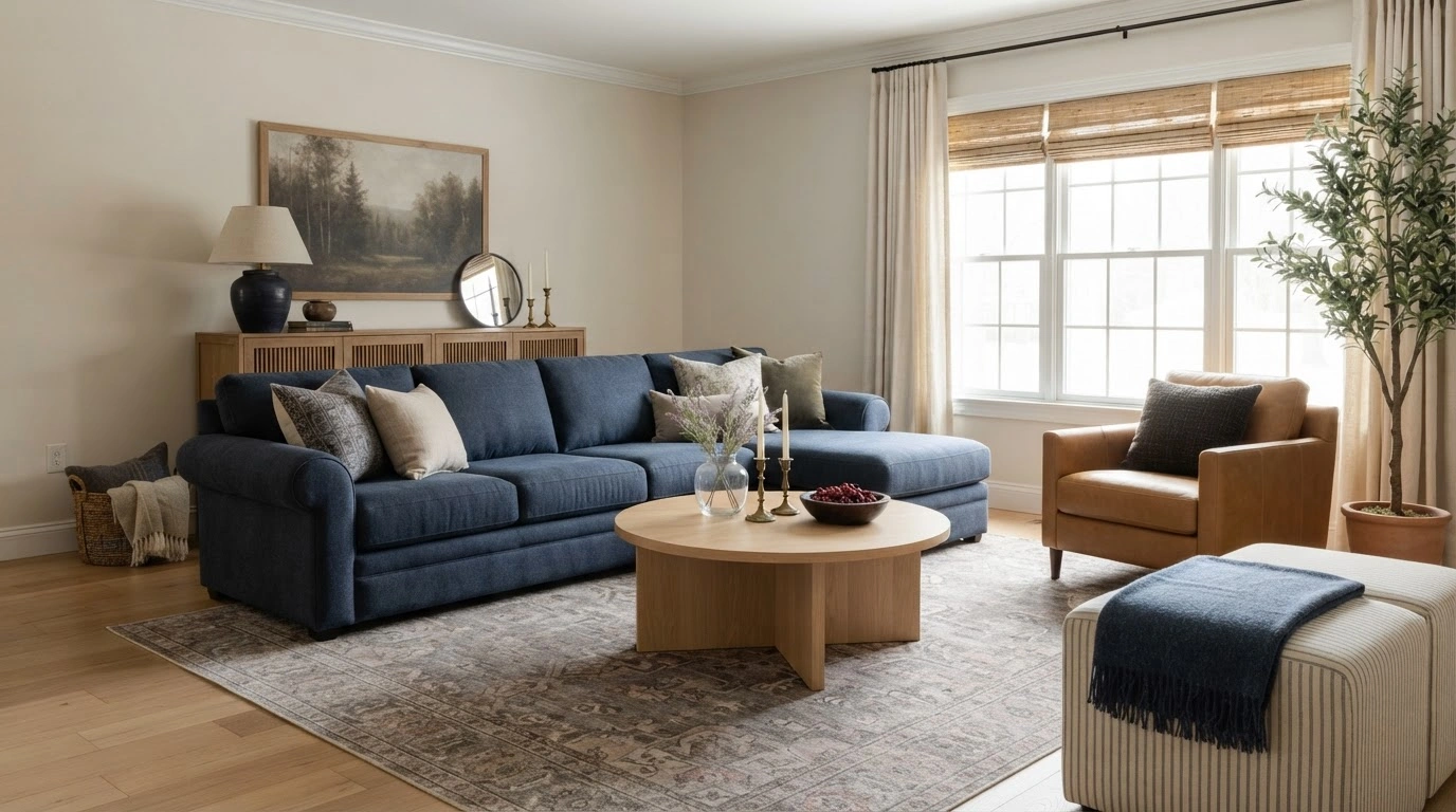 A Large L-shaped Deep Indigo Blue Fabric Sectional Sofa With Plush Cushions and Rolled Arms