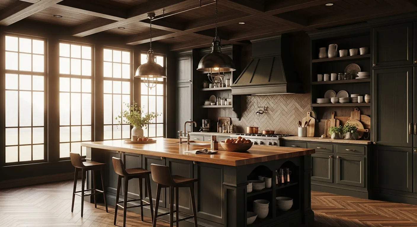 A Large, Dark Forest Green Kitchen Island With Intricate Paneling and Open Shelving Details