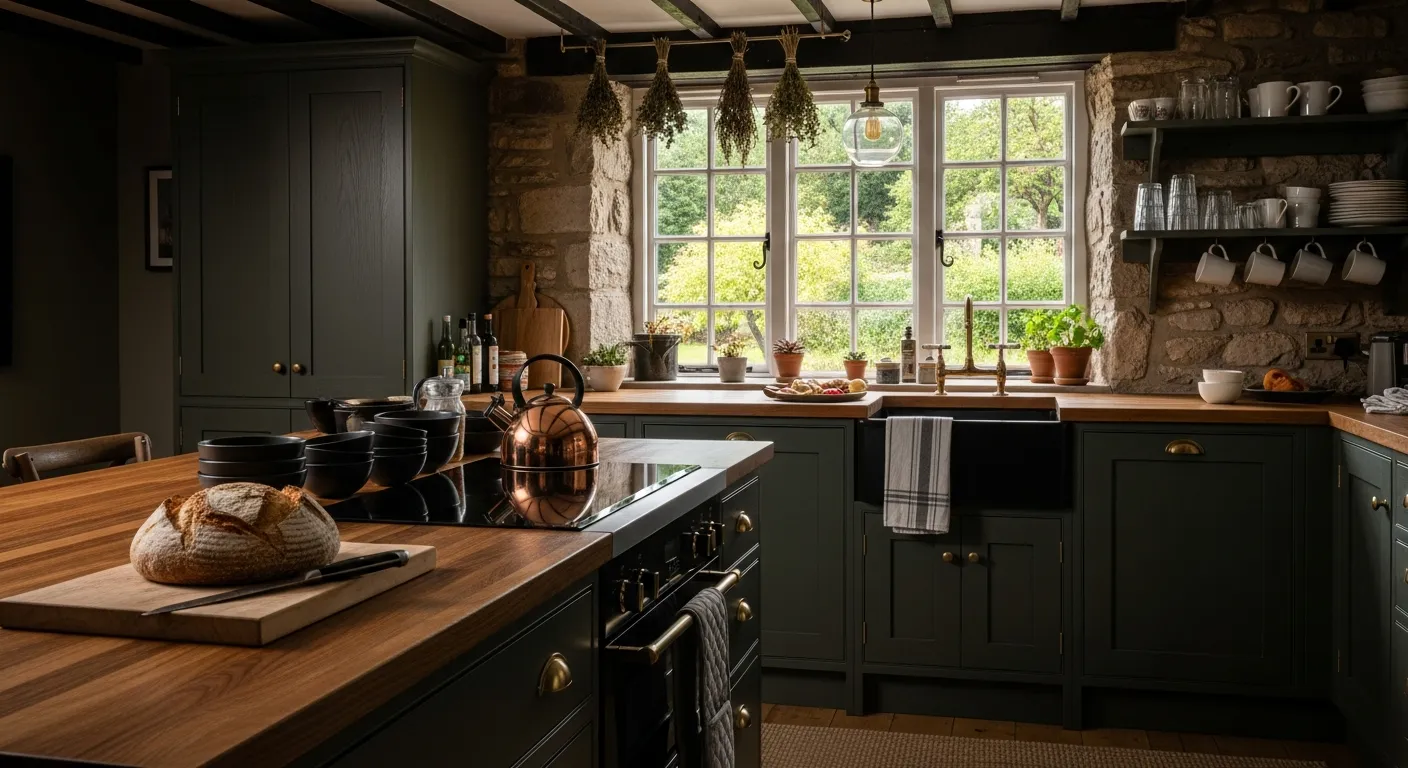A Thick, Dark Brown Wooden Countertop With Prominent Natural Grain Extends Across the Frame