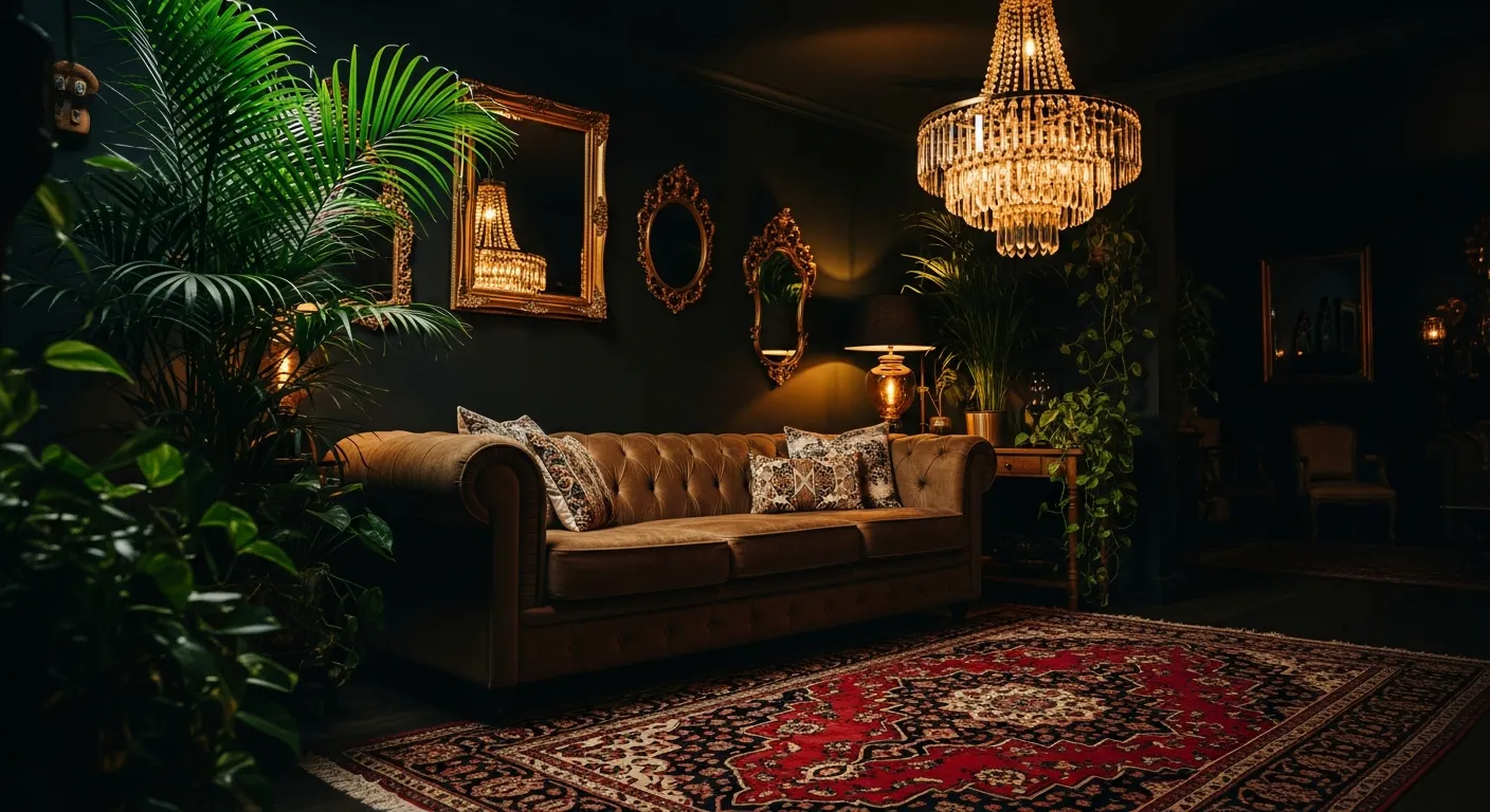 A Long, Luxurious, Dark Brown Tufted Chesterfield Velvet Sofa, Adorned With Patterned Throw Pillows