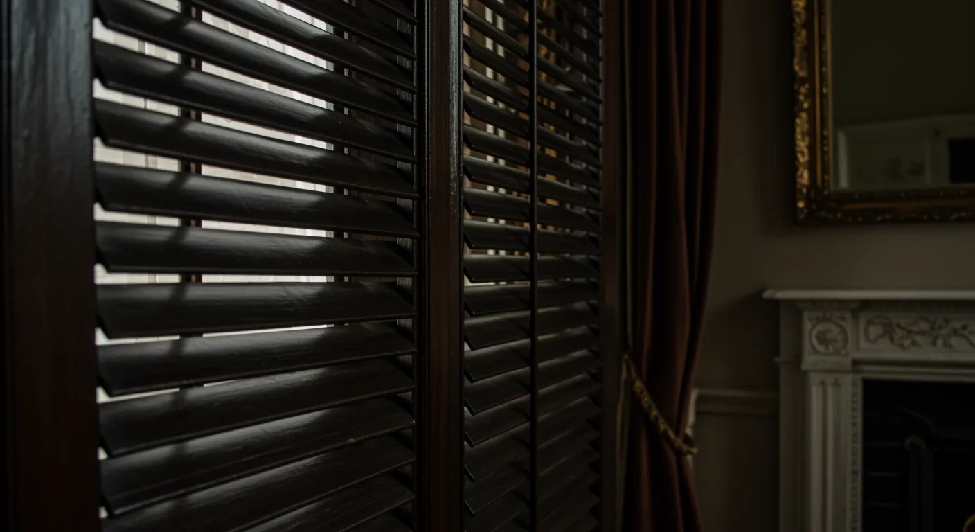 Dark Polished Wooden Shutters, Perfectly Closed and Filling the Center of the Frame