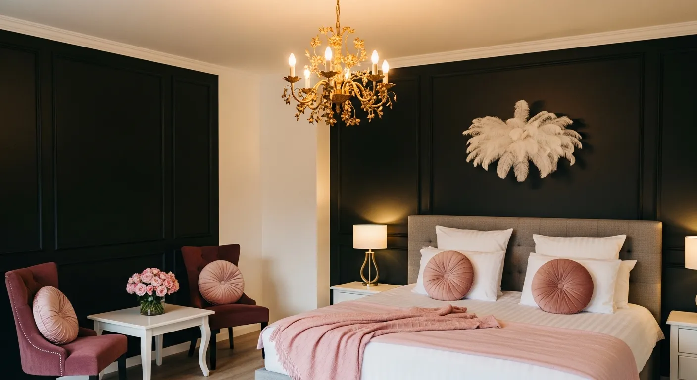 A King-size Bed Against a Dark Black Paneled Accent Wall